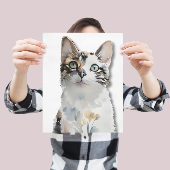 Watercolor Cat With Flowers Portrait Wall Art Illustration Print Poster Unframed - Picture 3 of 6